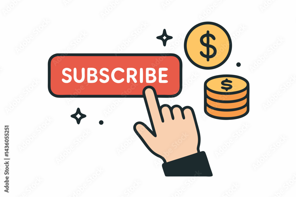 Aufkleber subscribe for earnings concept vector graphic featuring a hand pointer clicking a red button next to