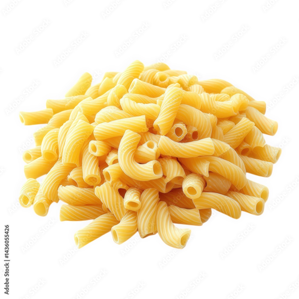 Poster pile of uncooked pasta. specifically a type of curved. ribbed macaroni the pasta is yellow in color 