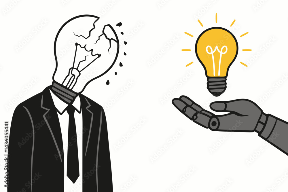 Poster ai-powered solution for burnout: robot hand offers bright new idea lightbulb to stressed businessman