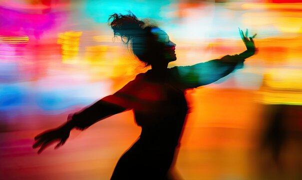 Woman dancing in vibrant colors during a lively urban festival at night