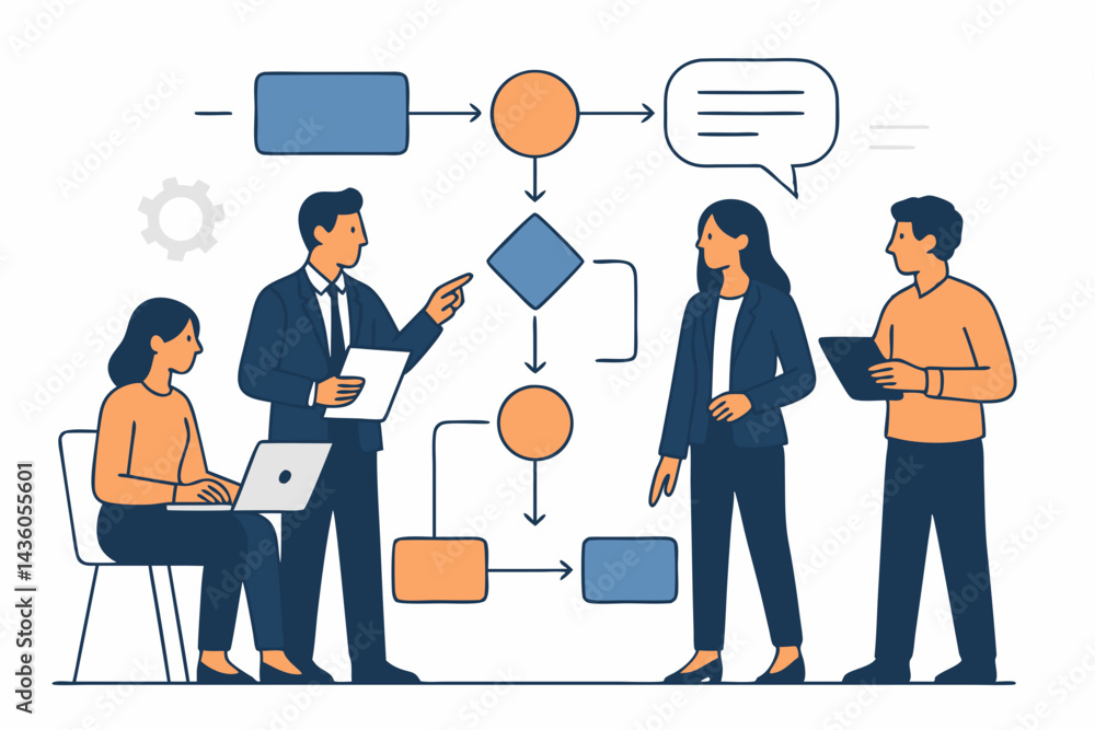Poster business team meeting discussing project workflow optimization using a flowchart. manager presenting