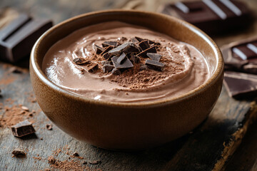 A bowl of creamy chocolate mousse with a dusting of cocoa powder and chocolate shavings.