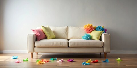 A light beige sofa with colorful throw pillows and vibrant paper decorations, scattered colorful paper pieces on the hardwood floor
