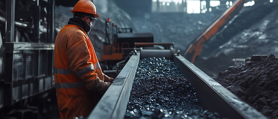 Worker Monitoring Coal on Conveyor Belt in Mining Operation