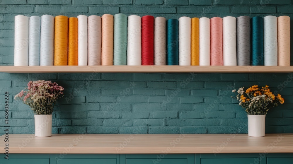 Poster vibrant display of upcycled fabrics and sewing threads for diy projects in a creative workspace with