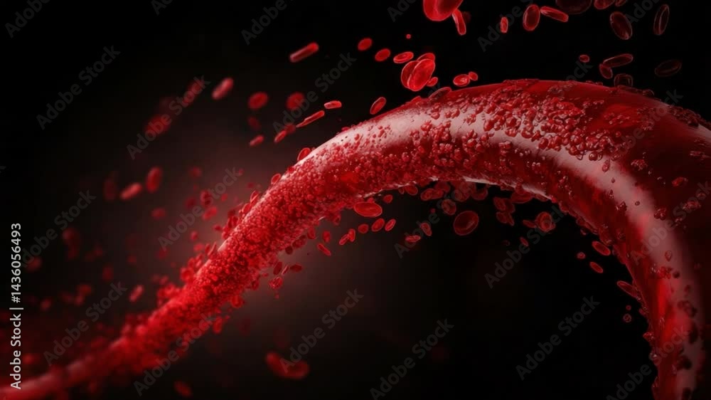 Poster vivid red liquid splash creating dynamic shapes against a dark background with glimmering droplets