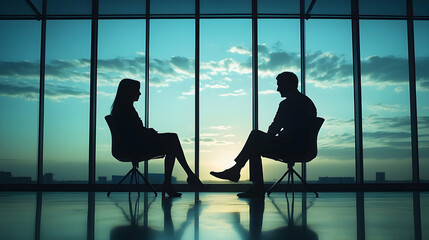 Silhouettes of two individuals engaged in discussion by a large window.