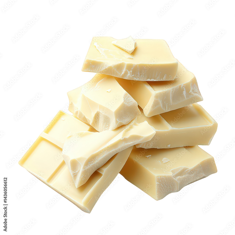 Poster stack of broken pieces of white chocolate. showcasing their smooth texture and creamy color the arra