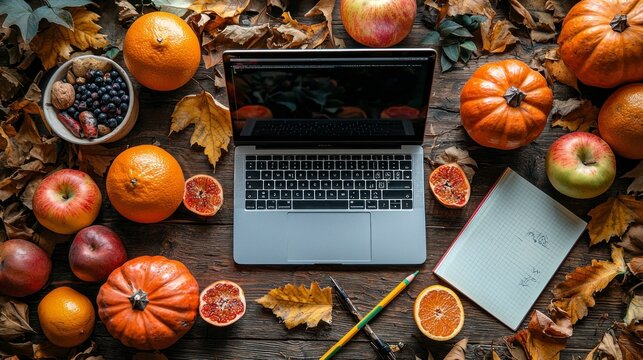 Laptop on wooden table with autumn harvest theme