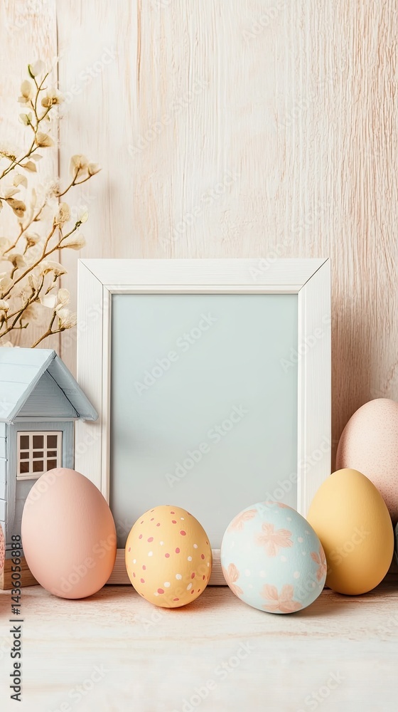 Aufkleber decorative easter eggs and a blank frame with a small house on a wooden table setting for spring cel