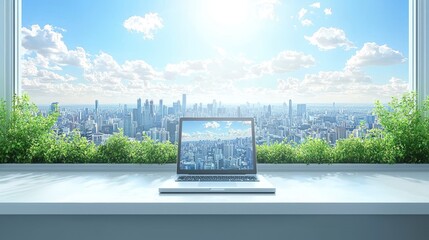 Laptop rests; city skyline view