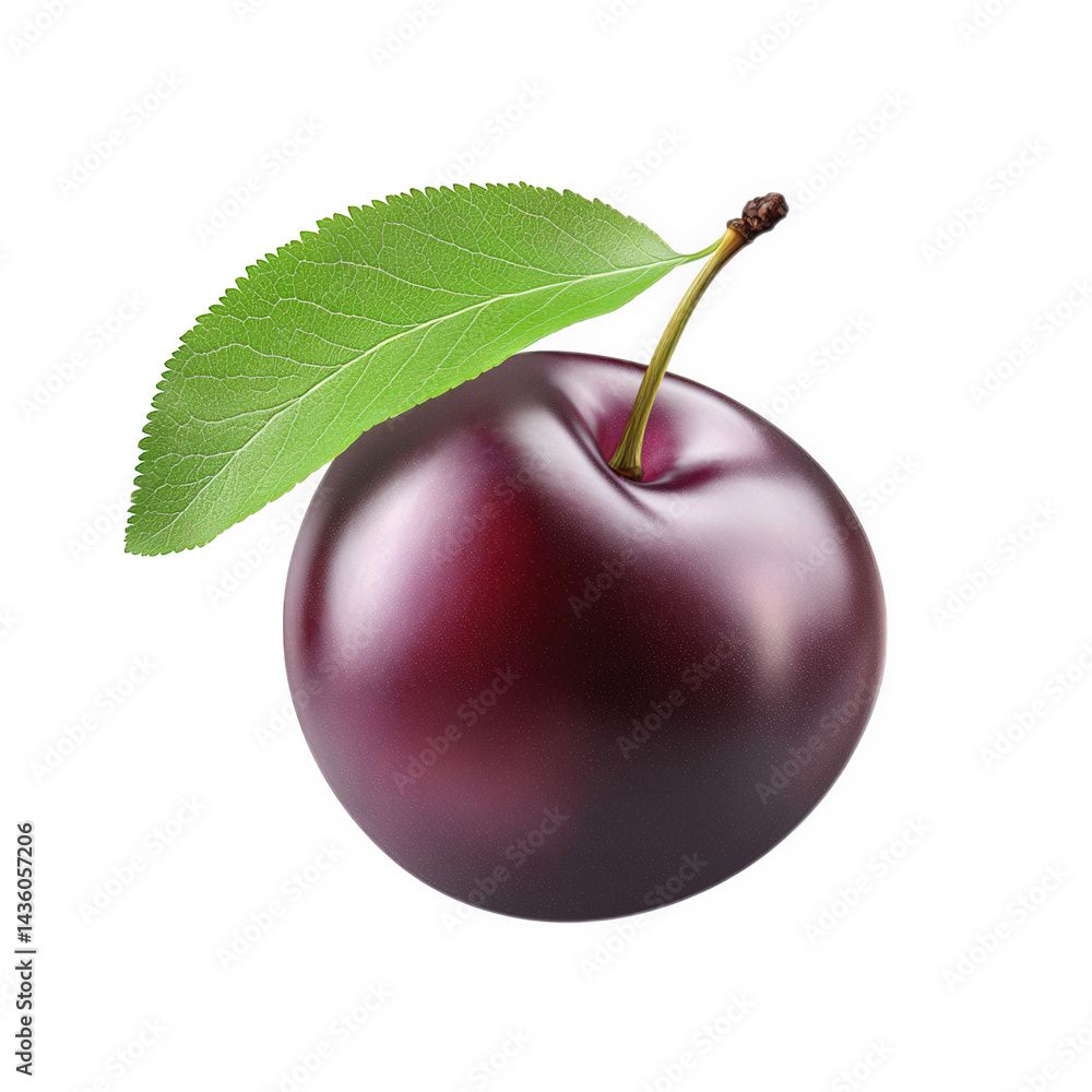 Poster shiny. ripe purple plum with a single green leaf attached. set against a clean white background the 