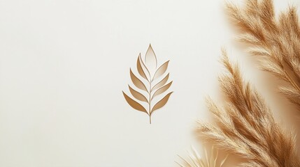 Elegant Gold Leaf Design on Neutral Background with Decorative Pampas Grass Arrangement for Elegant Decor Themes