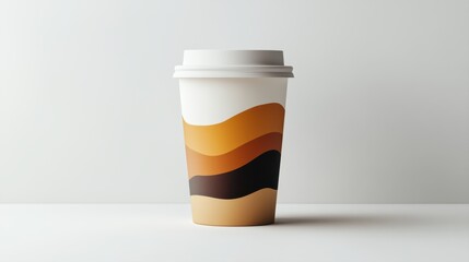 Minimalist Coffee Cup Design with Abstract Waves in Warm Tones on a Light Background