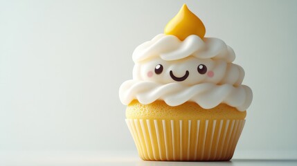 Cute and Whimsical Cupcake with Smiling Face and Creamy Frosting Topped with Yellow Swirl on White Background