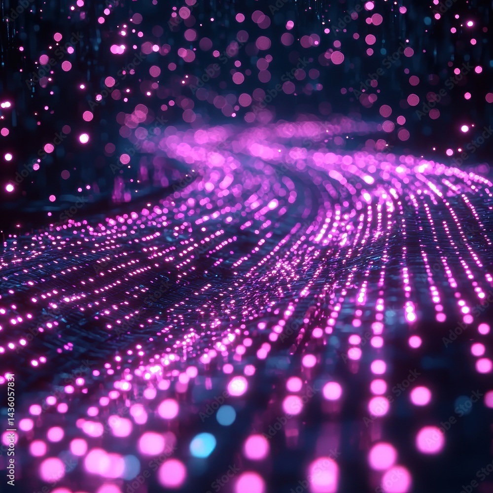 Poster glowing purple dots creating futuristic pathway visual technology background