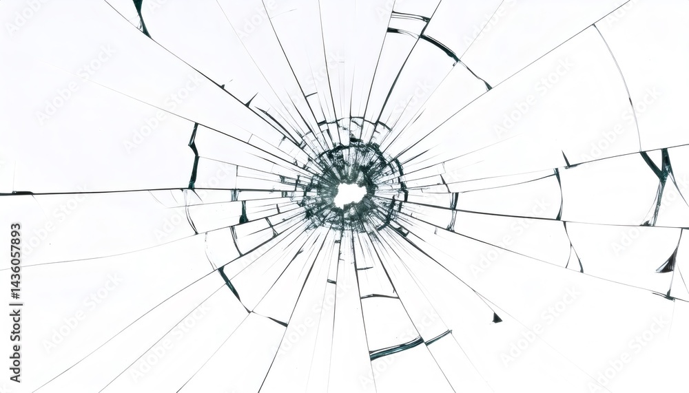 Aufkleber shattered glass texture with sharp radial cracks, creating an abstract design on a clean white backg