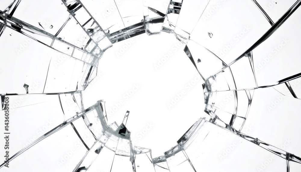 Aufkleber cracked glass surface with sharp splintered radial and concentric fractures creating a circular hole