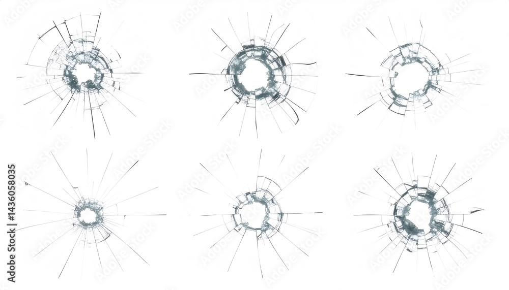 Aufkleber six broken glass impacts with clear distinct cracks, forming sharp lines, creating a minimalistic an