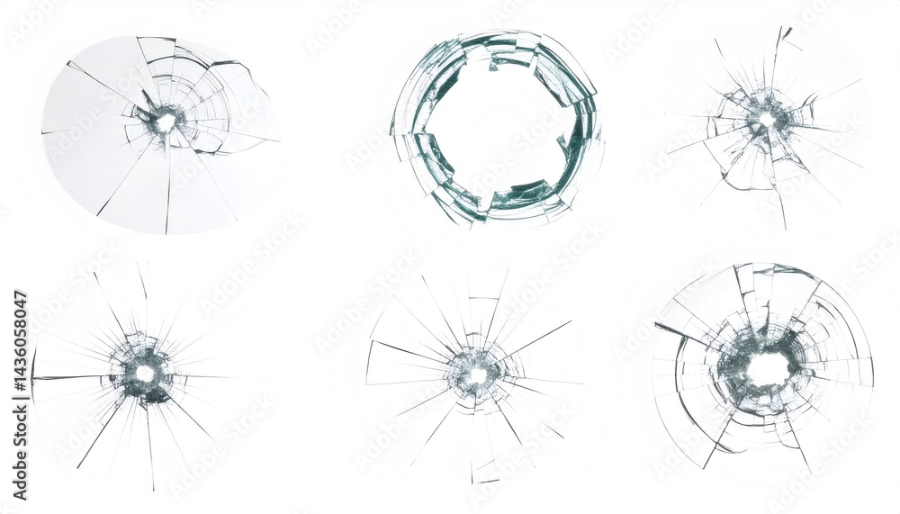 Aufkleber six different broken glass impacts with clear and distinct cracks, creating a minimalistic design wi
