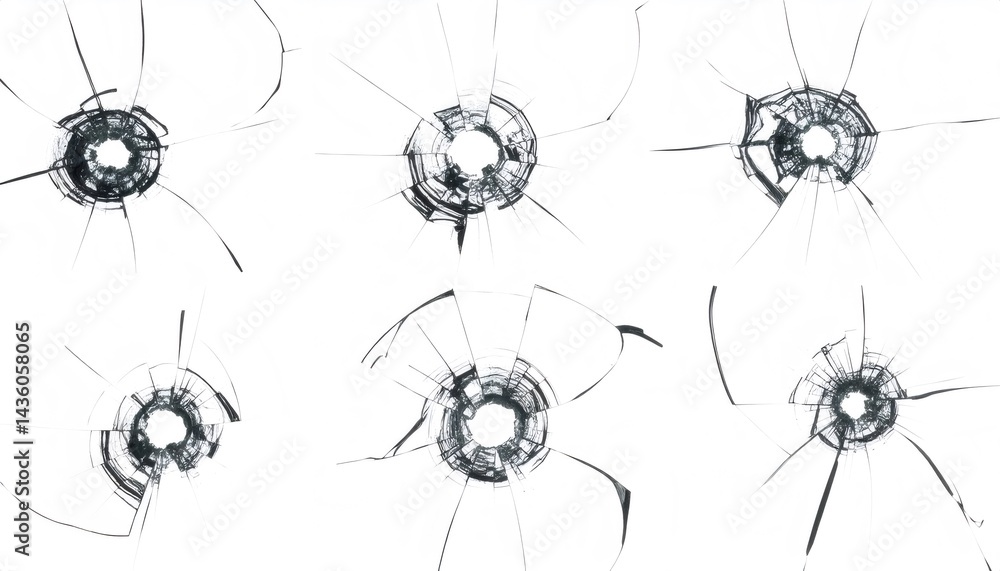Aufkleber six bullet holes on a transparent glass surface, creating a minimalistic pattern of sharp lines and 