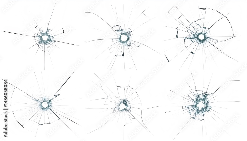 Aufkleber six broken glass impacts with clear distinct cracks and sharp lines, creating a minimalistic and str