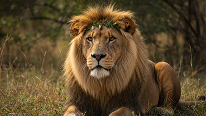 Lion Resting in Grassland with Leaf Crown Animal Portrait