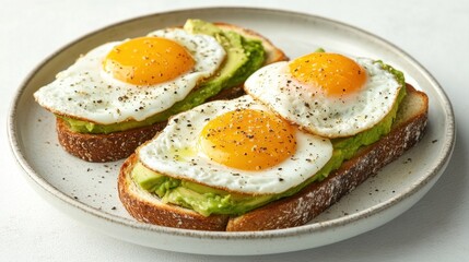 Delicious breakfast of toasted bread topped with creamy avocado and perfectly fried eggs with black pepper seasoning