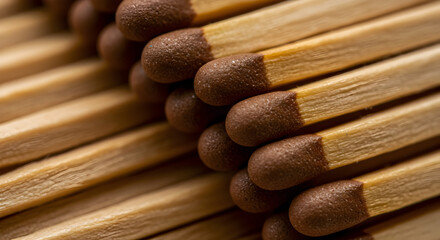 Dramatic Macro Shot Of Wooden Matches With Textured Brown Heads