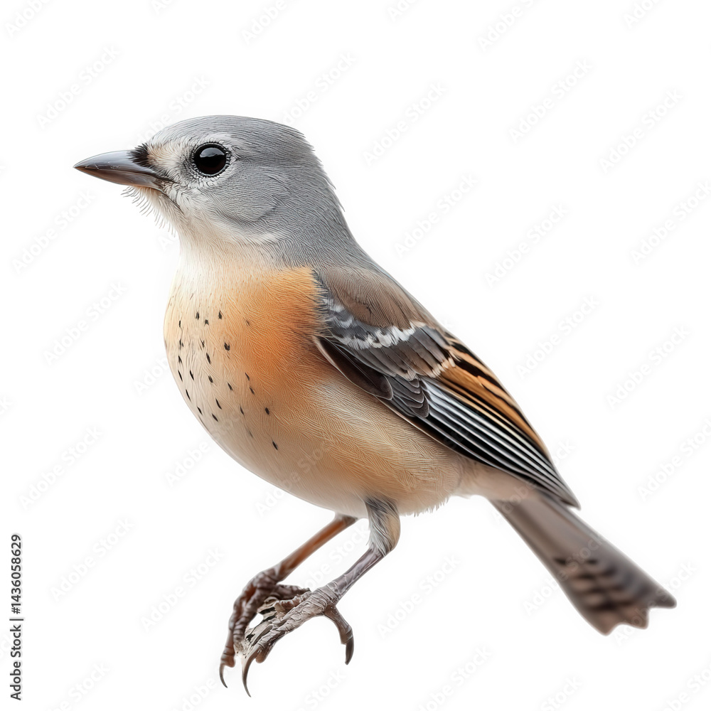 Poster a small bird perched on a branch. showcasing its distinctive gray and orange plumage against a white