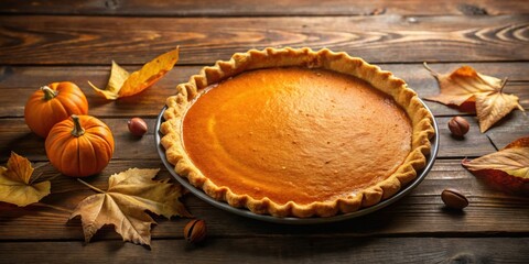 Autumnal Delight A Rustic Pumpkin Pie Presentation with Miniature Gourds and Fallen Leaves