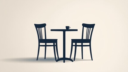 Silhouette of a Minimalist Table with Two Chairs and a Coffee Cup Against a Light Background