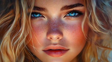 Fototapeta premium Close-up portrait of a young woman with expressive eyes and light complexion.