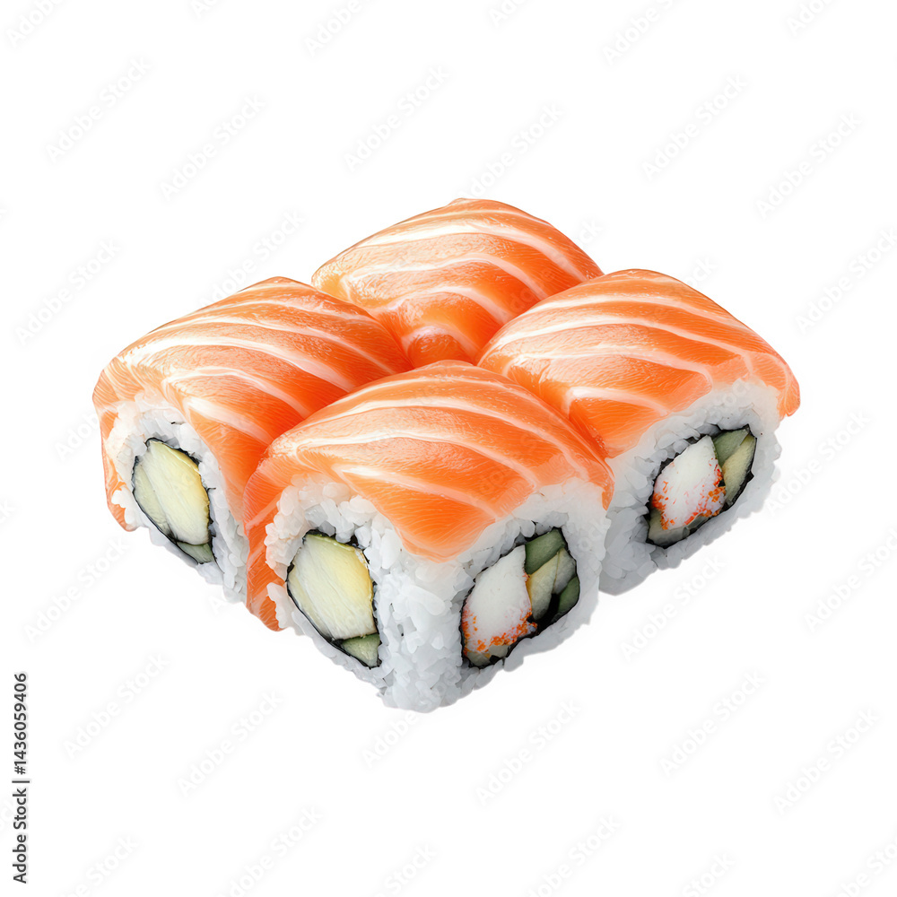 Poster a close-up view of four pieces of sushi arranged neatly. featuring salmon on top and a filling of cu