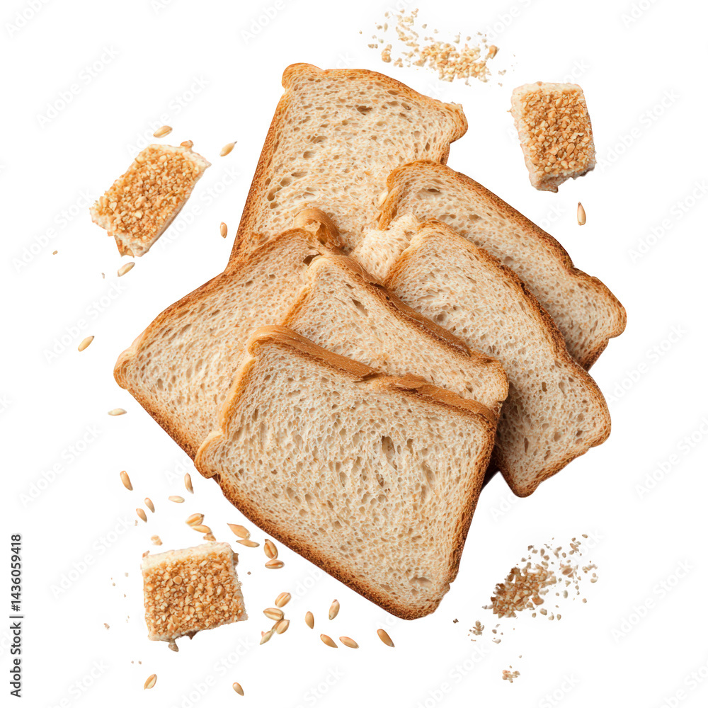 Poster several slices of light brown bread arranged neatly. with a few scattered pieces of bread crumbs and