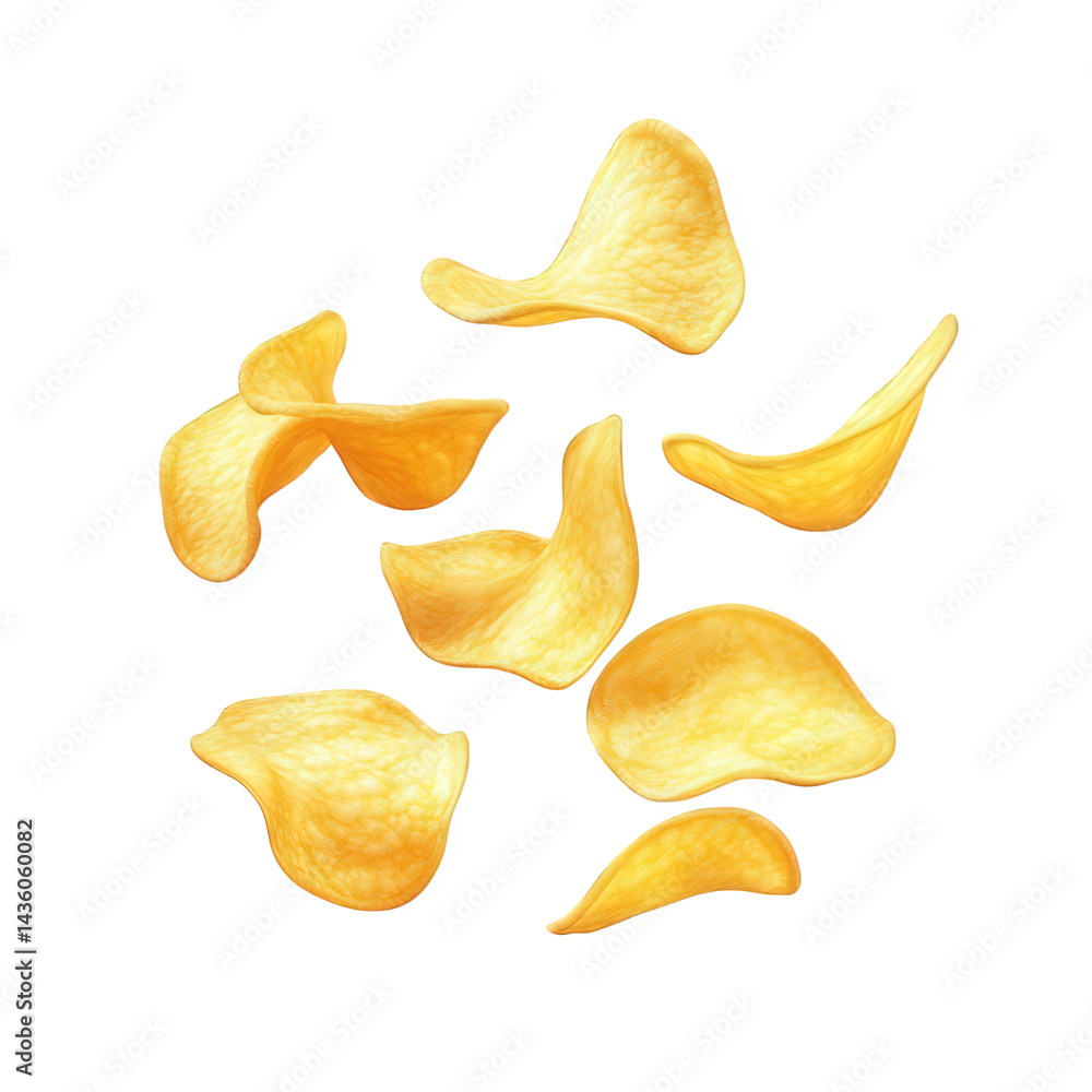 Poster several floating potato chips in various orientations. showcasing their curved shapes and golden col