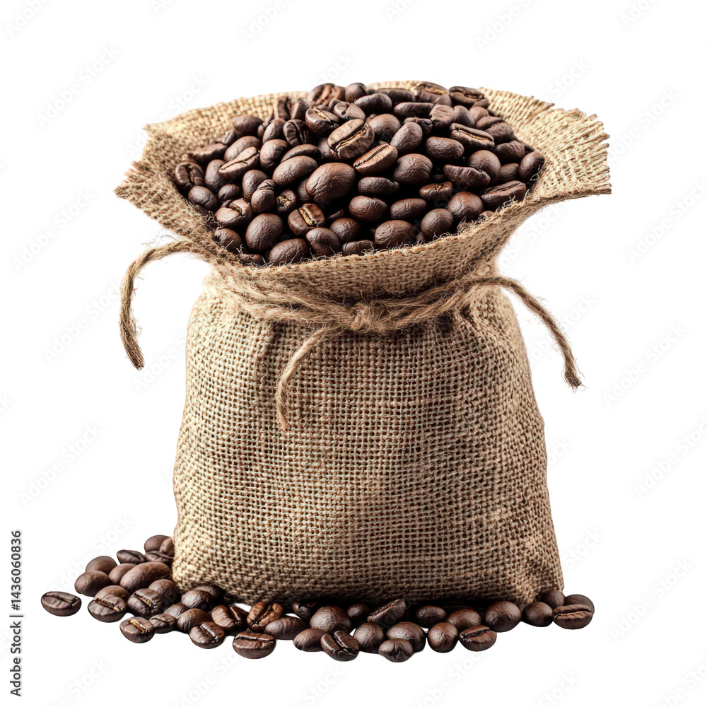 Poster burlap sack filled with roasted coffee beans. with some beans scattered around it. showcasing the ri