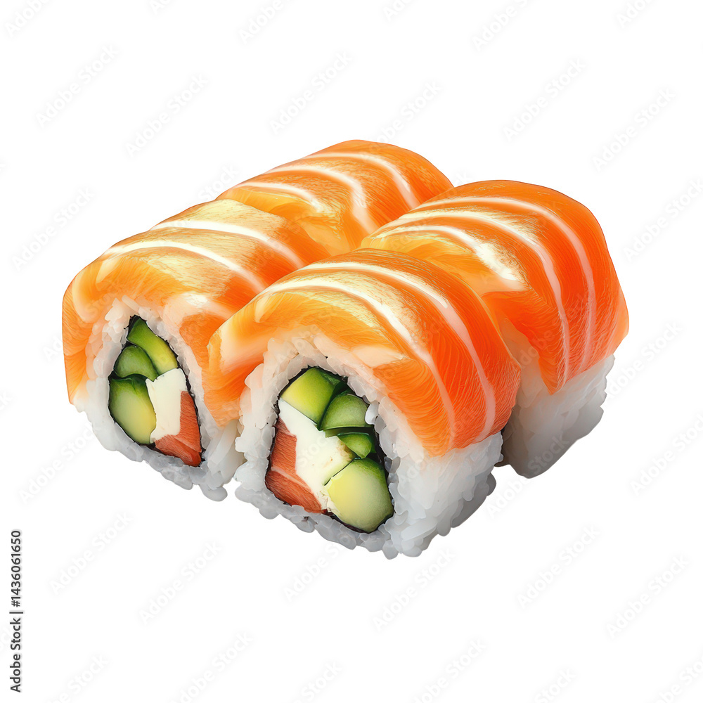 Poster a beautifully arranged sushi roll. featuring slices of salmon on top. with visible layers of cucumbe