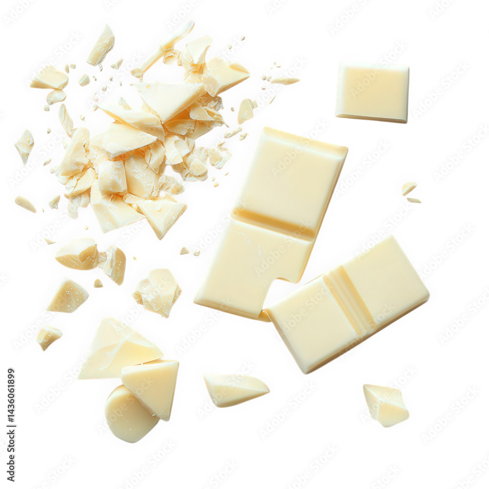 Poster various pieces of white chocolate. including broken squares and shavings. arranged on a clean white 