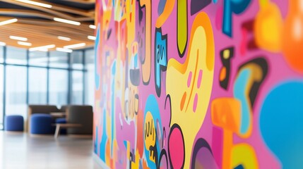 Vibrant mural art in a modern office break room with contemporary design