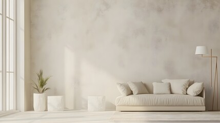 Minimalist Modern Living Room with Large Beige Sofa and Plants