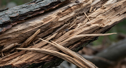 Fototapeta premium Cracked Tree Trunk Close Up Reveals Raw Fibers And Bark Texture