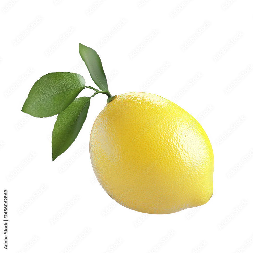 Poster vibrant yellow lemon resting on a surface. accompanied by a couple of green leaves the lemon's gloss