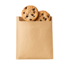 Freshly baked cookies in brown paper bag, perfect for sweet treat or snack. warm, inviting aroma of chocolate chip cookies brings joy