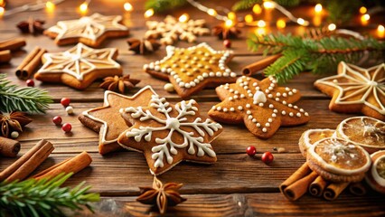 A Festive Arrangement of Star-Shaped Gingerbread Cookies with Cinnamon Sticks and Winter Spices on a Rustic Wooden Tabletop Decorated with Festive Lights and Evergreen Branches
