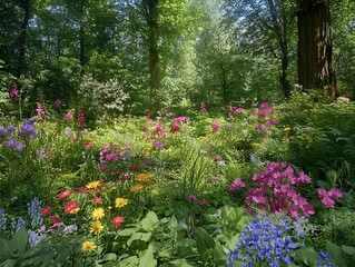Enchanting wildflower meadow, sunlight dappled among dense forest trees
