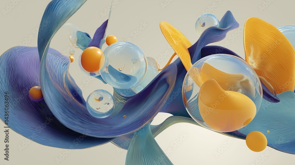Poster Colorful abstract 3D composition with floating shapes and dynamic swirls in colorful objects and pastel tones