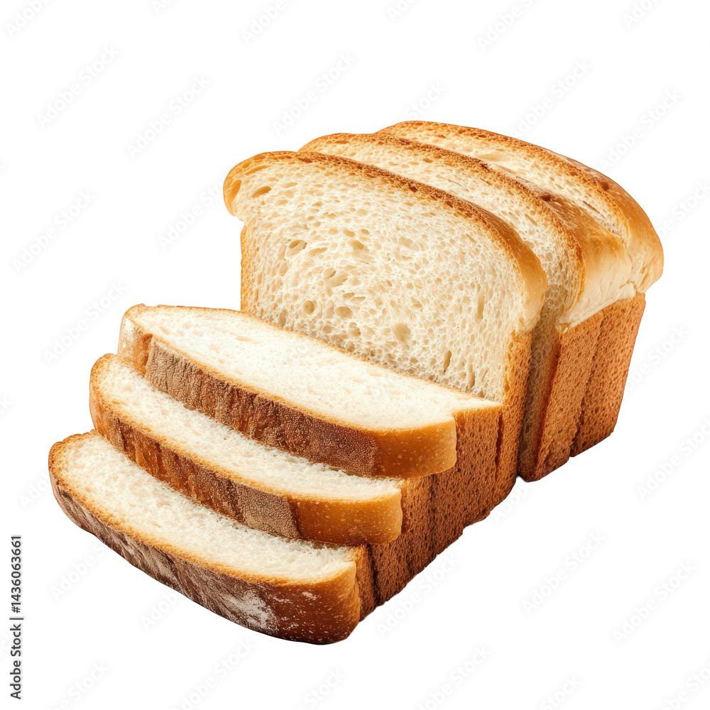 Poster loaf of sliced white bread. showcasing its soft texture and golden-brown crust the slices are arrang