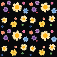 Vibrant Floral Pattern on Black - Modern Flat Vector Illustration for Surface Design and Decor