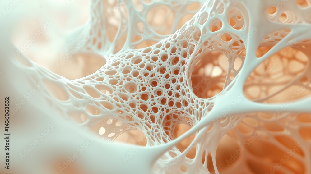 Poster close-up 3d abstraction of a porous organic structure with intricate, lace-like networks, resembling